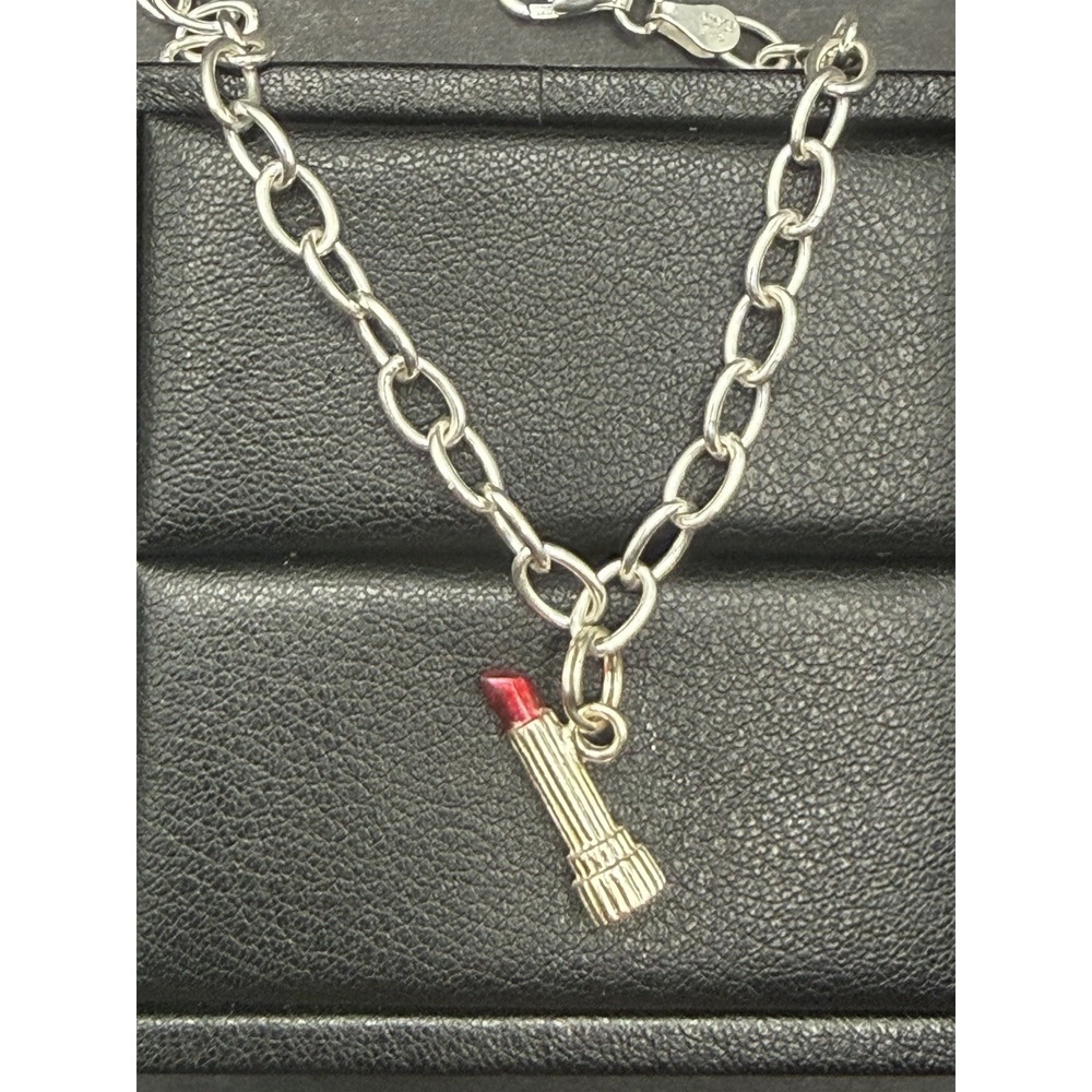 EUC 7.25" Sterling Silver Charm Bracelet Lipstick Charm 6.9 Grams J16